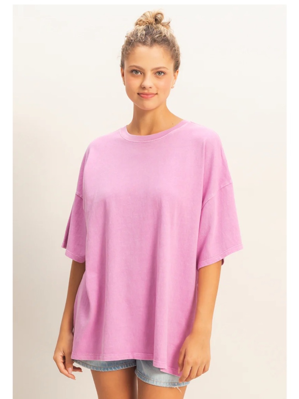 NEW Double Zero Cotton Oversized Fuchsia Mineral Wash Tee M/L Boxy Relaxed Top